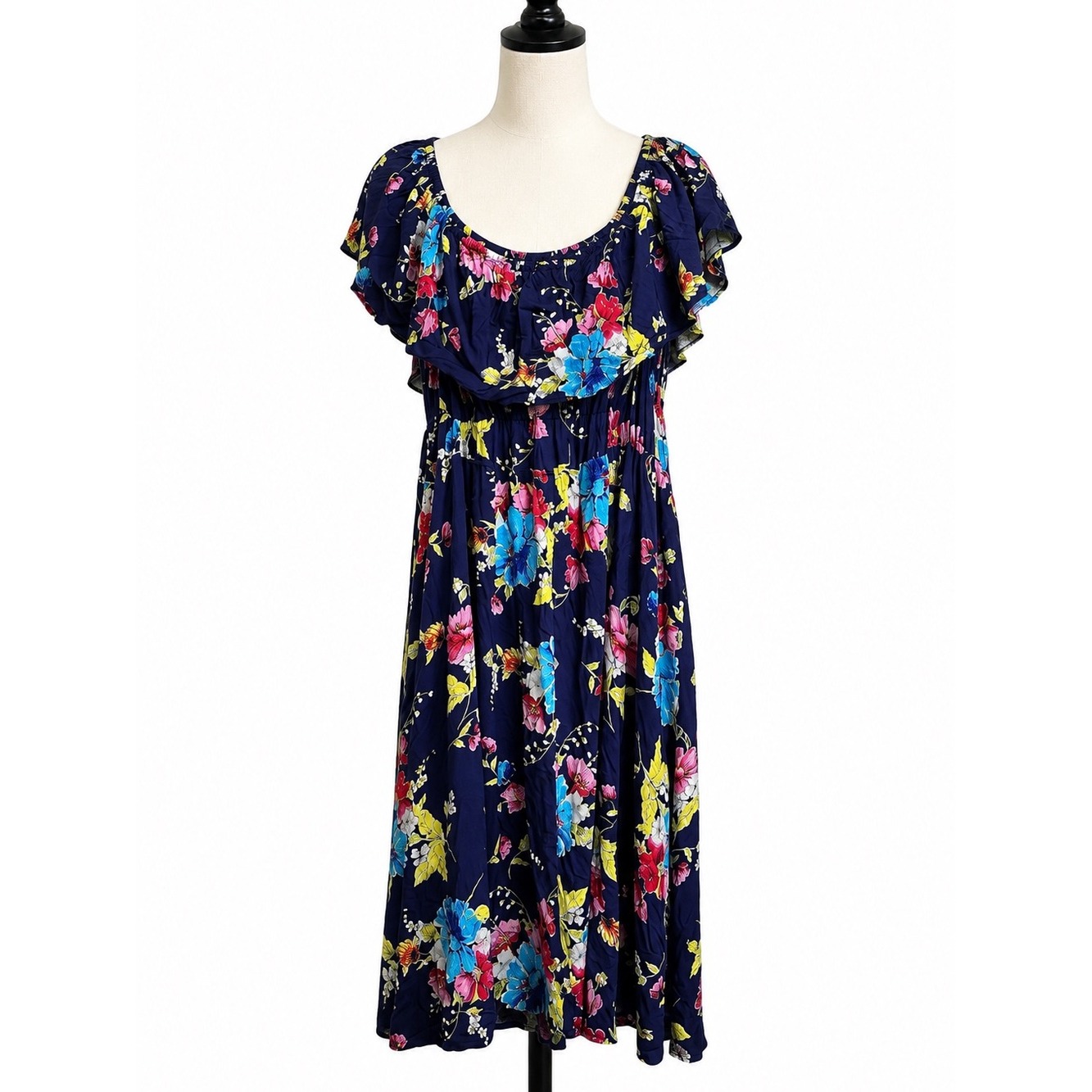 New Bp. Women Blue Aquarius Floral Ruffle Midi Dress Plus Size 4x